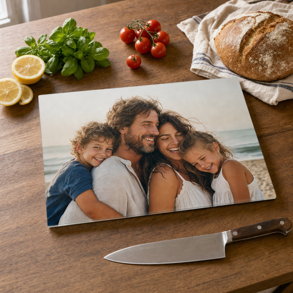 Personalized glass cutting board with a family photo on a kitchen table beside a knife and fresh ingredients