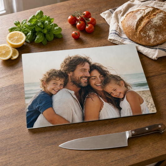 Personalized glass cutting board with a family photo on a kitchen table beside a knife and fresh ingredients