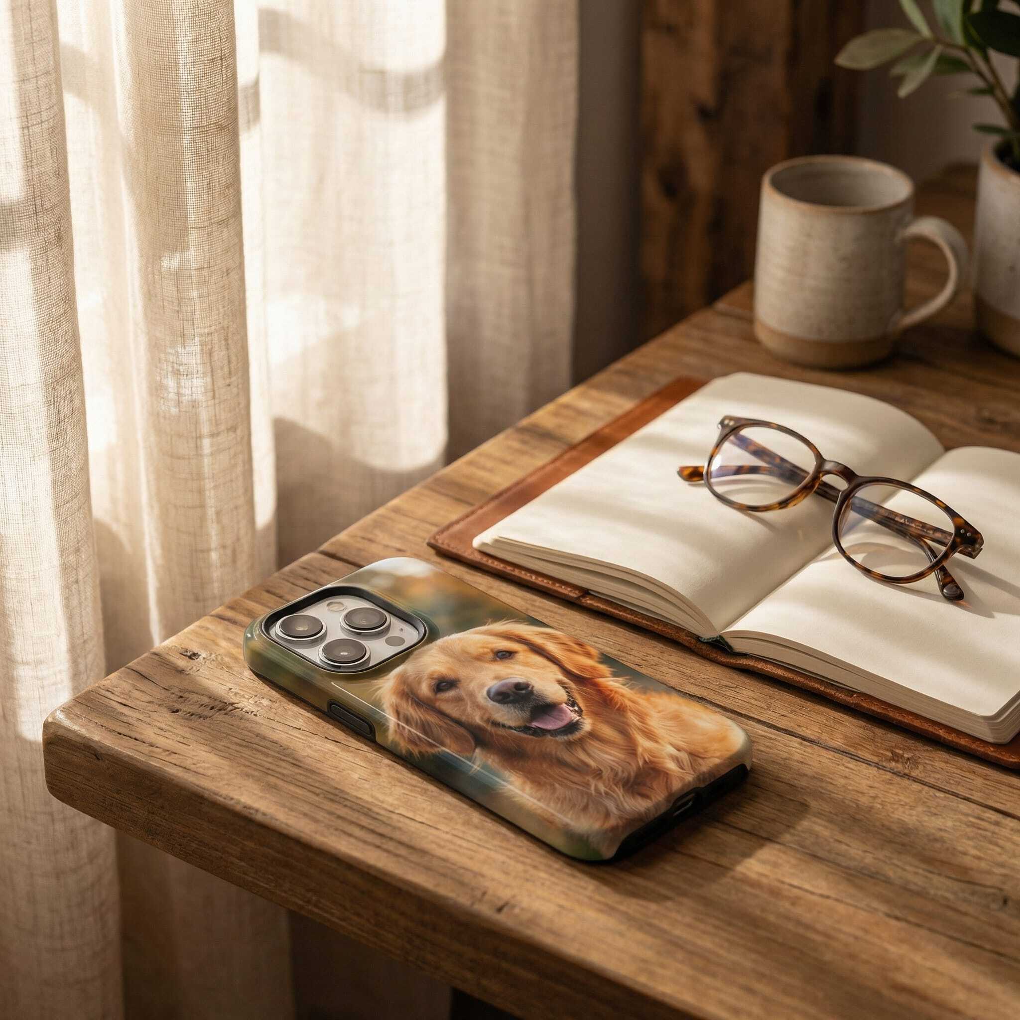 Custom phone case with golden retriever on wooden desk