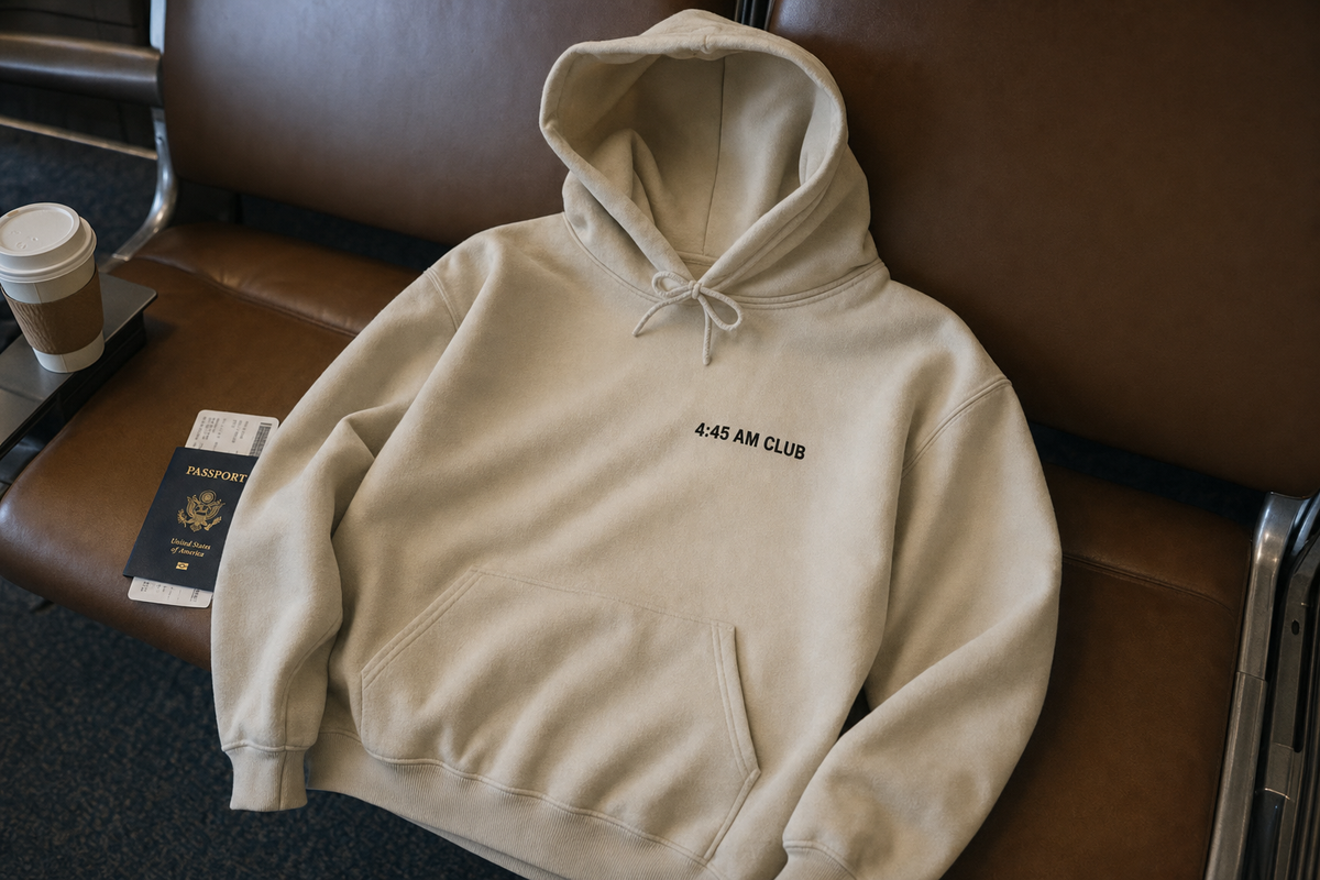A sand custom hoodie with its double-lined hood open, drawstring, and front pouch pocket visible