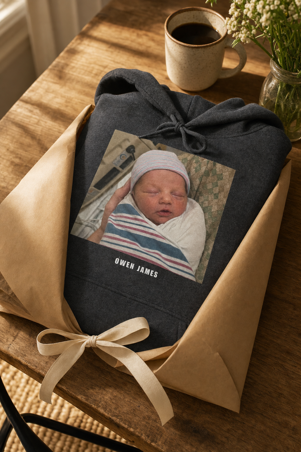 A folded dark heather custom hoodie half-wrapped in kraft paper, printed with a newborn photo and the name Owen James