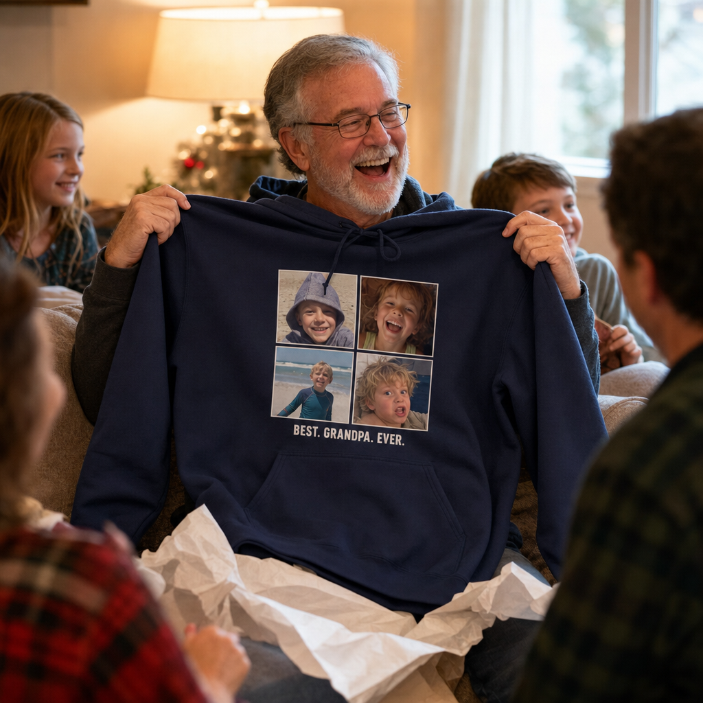 A grandfather holding up a navy custom hoodie printed with a grid of four grandkid photos and the line Best Grandpa Ever