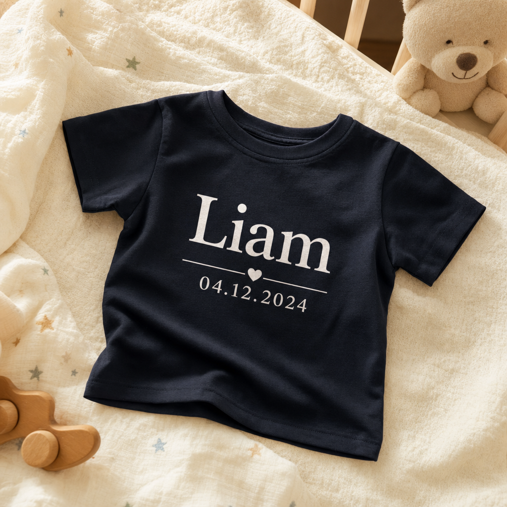 Navy custom infant tee printed with Liam 04.12.2024, worn by a baby lying in a crib