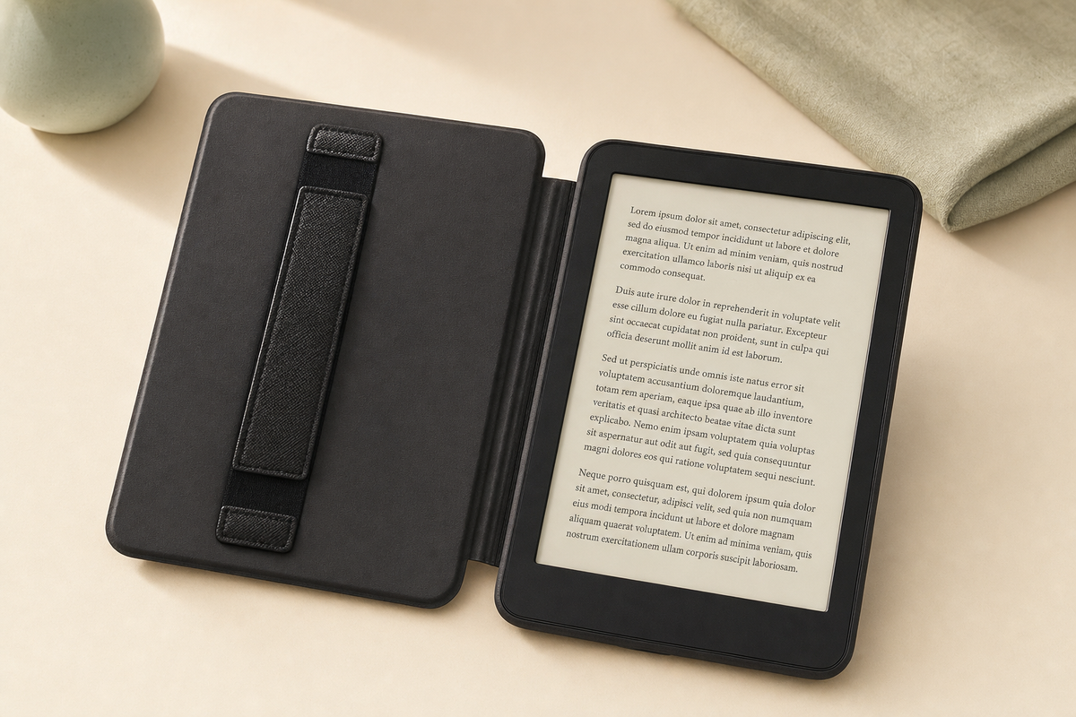 Inside of the custom Kindle case: the interior hand strap on the left panel and the Kindle seated in its shell on the right