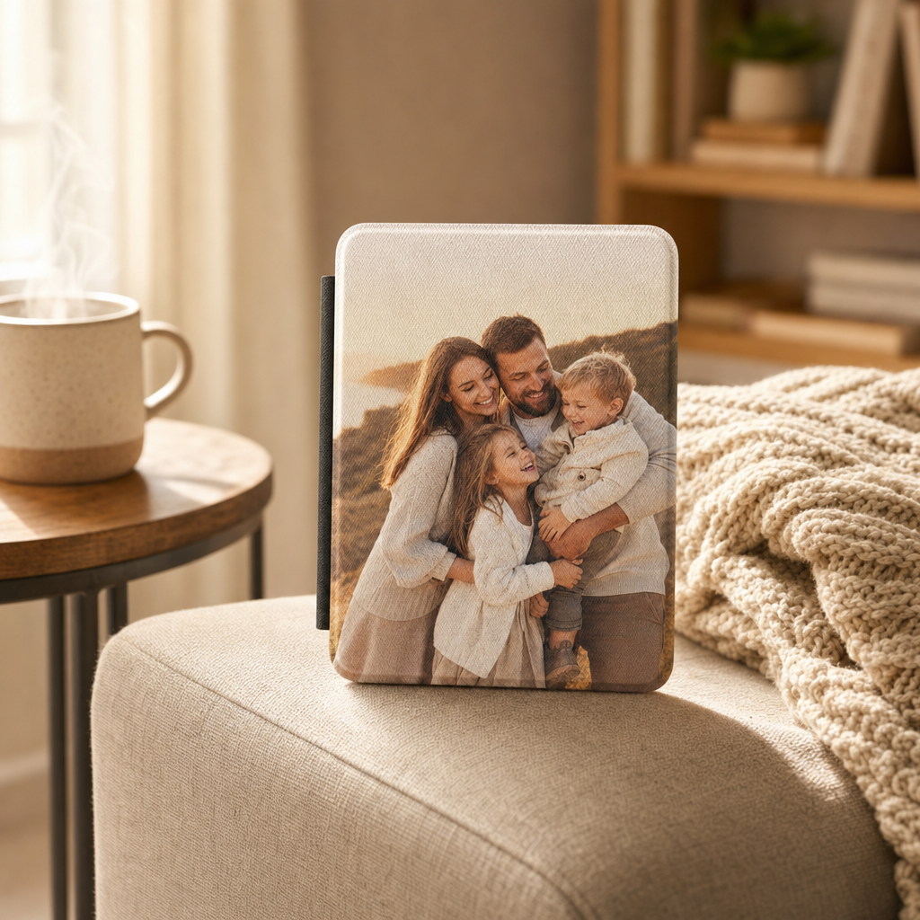 Custom Kindle case with a family photo printed on the front, propped on a reading chair arm