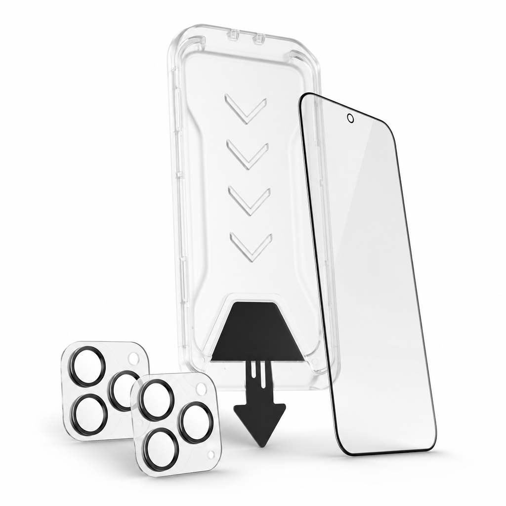 Tempered glass protection kit: two screen protectors with easy-install alignment frame and two camera lens protectors
