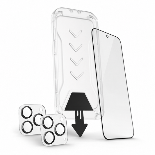 Tempered glass protection kit: two screen protectors with easy-install alignment frame and two camera lens protectors