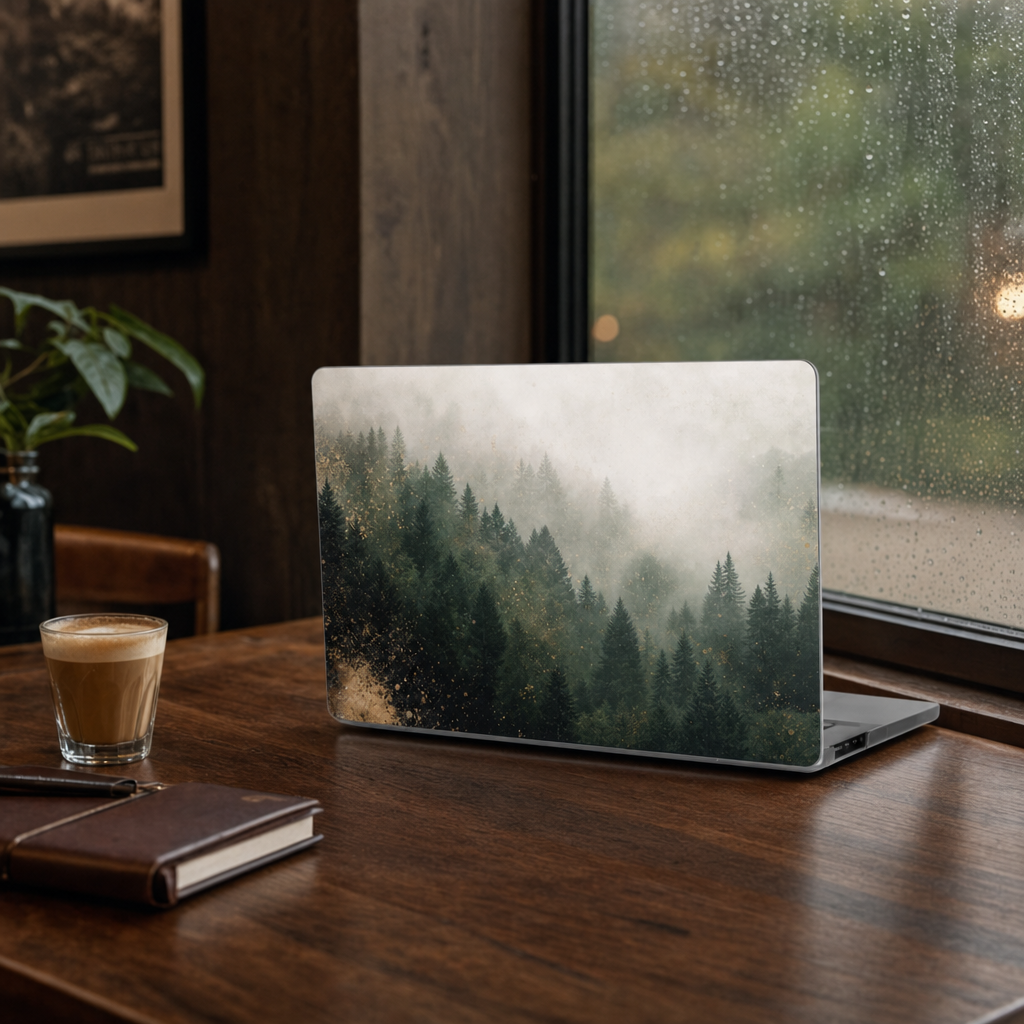 Custom MacBook case with a misty forest design, half open on a cafe window-seat table