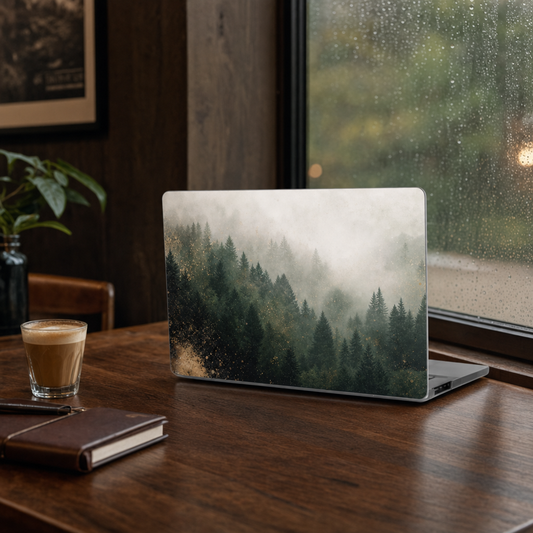 Custom MacBook case with a misty forest design, half open on a cafe window-seat table