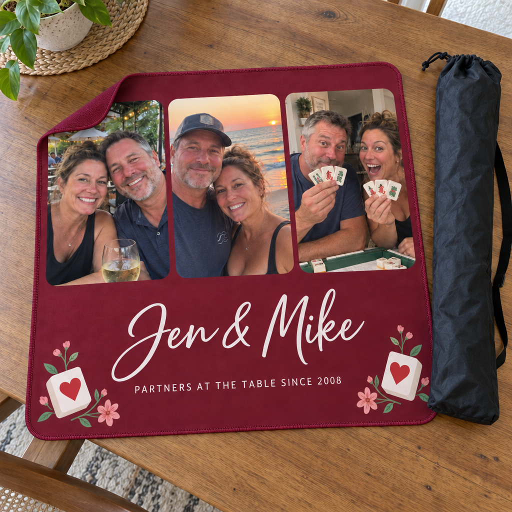 Personalized mahjong mat with three couple photos and the names Jen and Mike, next to its black carrying bag