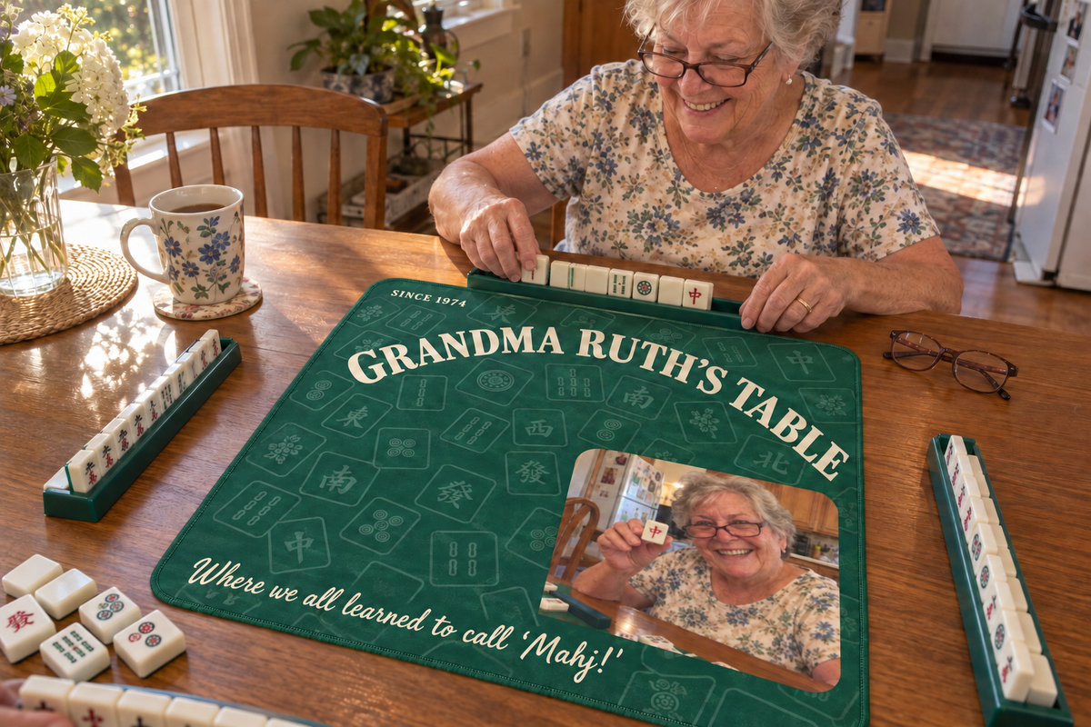 Green mahjong mat reading Grandma Ruth's Table with her photo, a grandmother setting up tiles on it