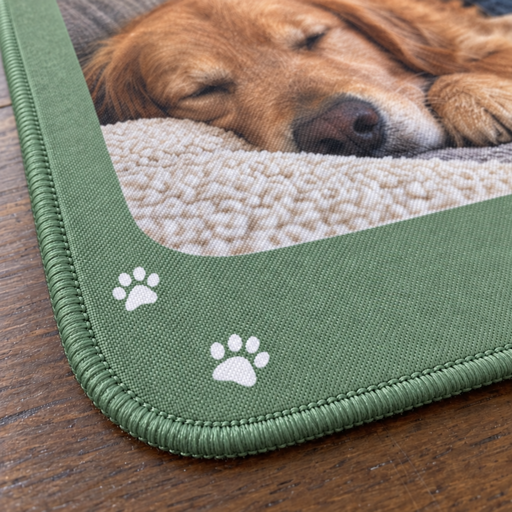 Close-up of a mahjong mat's rounded corner, the sage green design printed right onto the sewn edge beside a dog photo