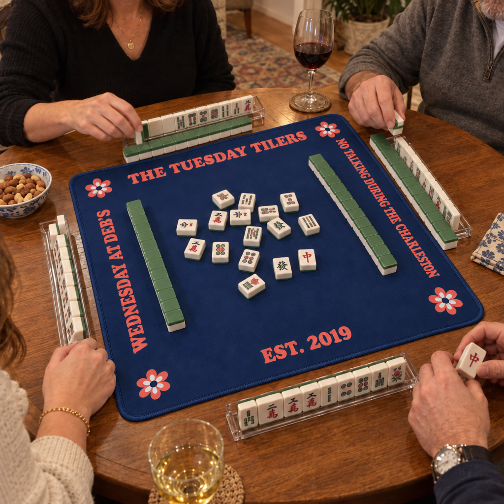 Navy personalized mahjong mat reading The Tuesday Tilers, Est. 2019, with tiles mid-game on a wooden card table