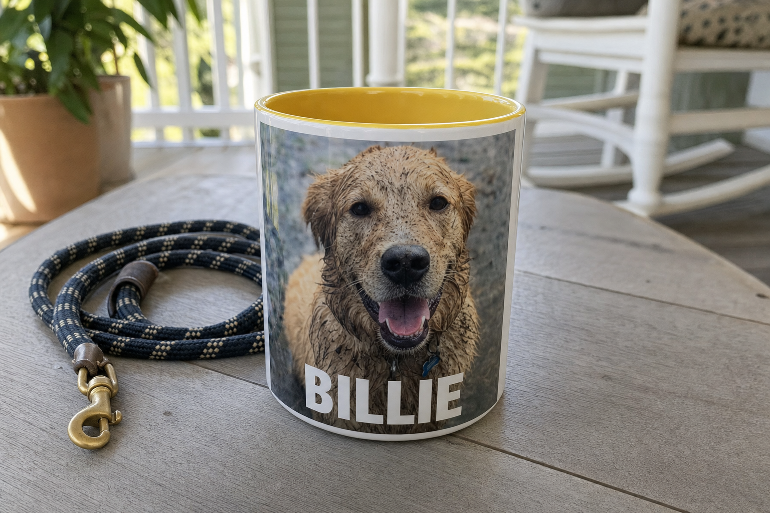 Yellow accent mug printed with a muddy-grin dog photo and the name BILLIE