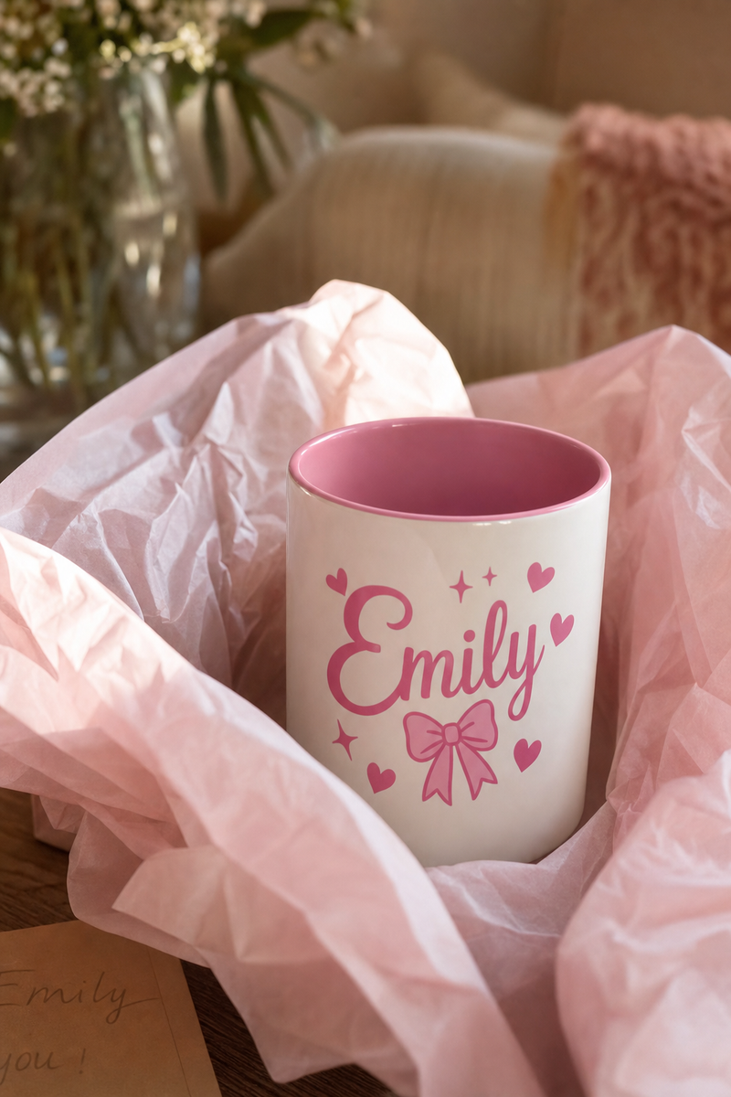 A pink accent mug gift with a bold name design beside tissue wrapping