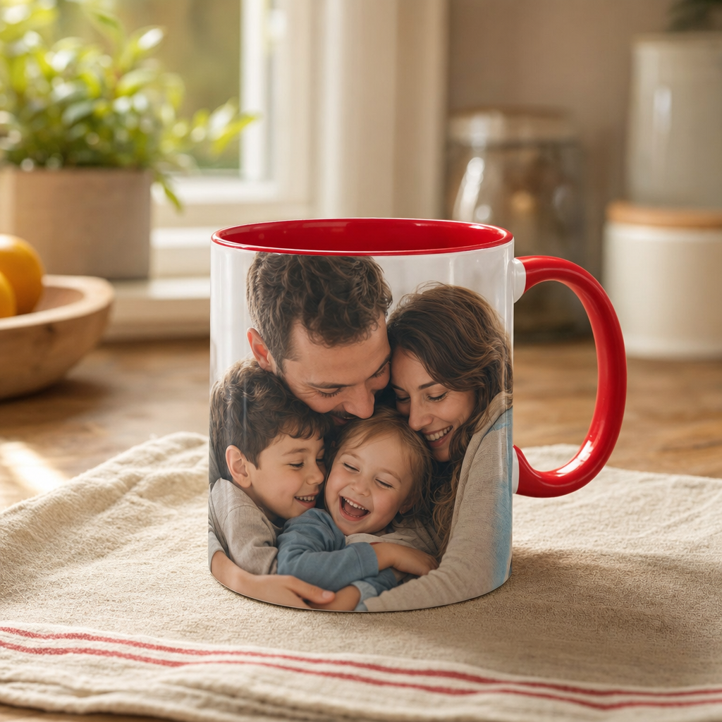Red accent color mug printed with a candid family photo, colored interior and handle visible