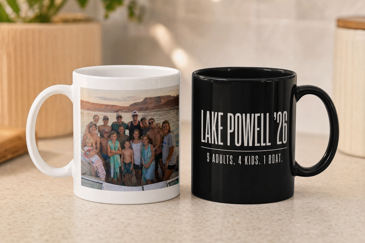 White and black custom ceramic mugs side by side