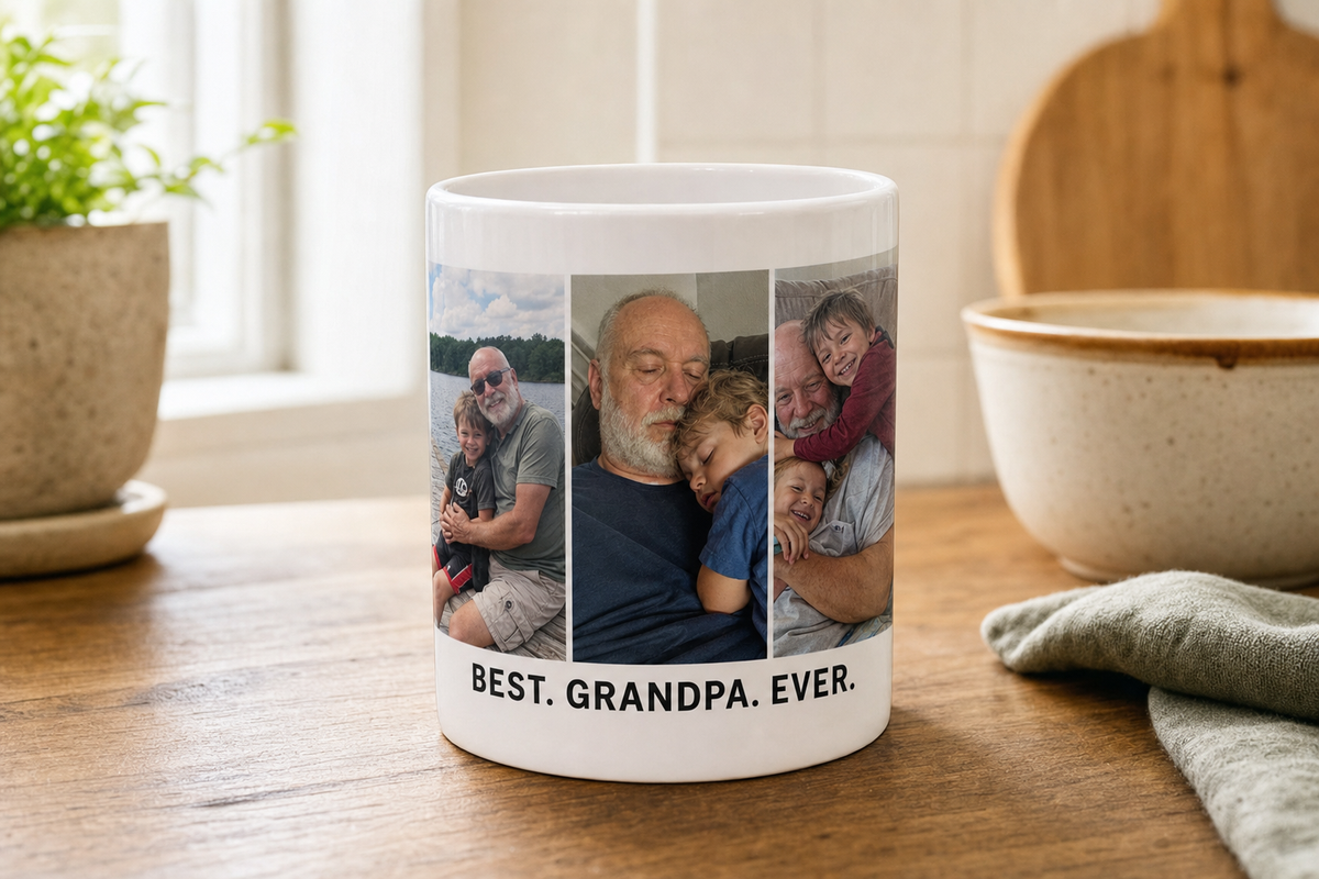 Wrap-around photo print on a white ceramic mug
