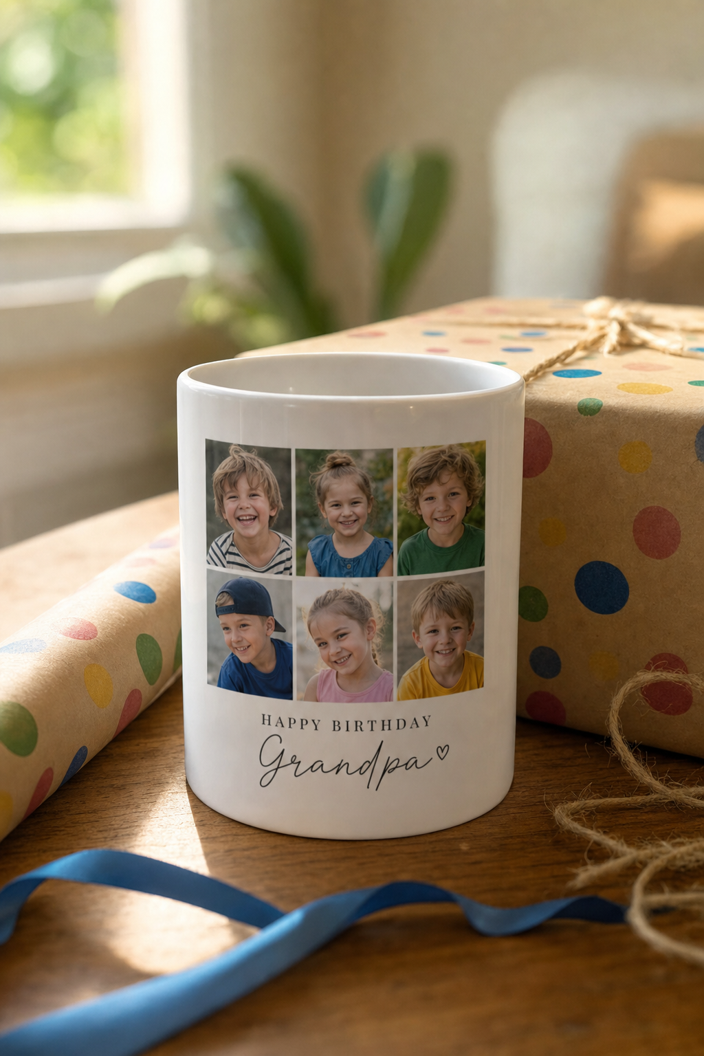 A custom photo mug with a grandkid photo beside birthday wrapping paper