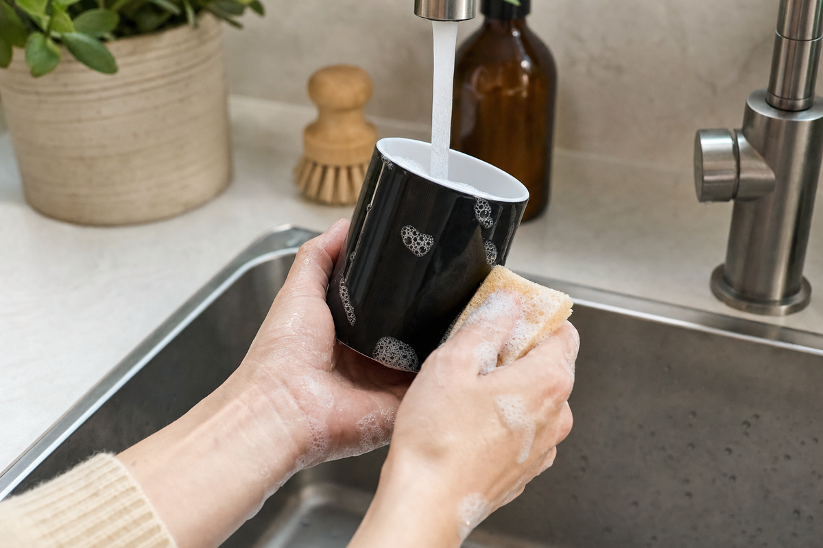 Color changing mug beside a sink being hand washed