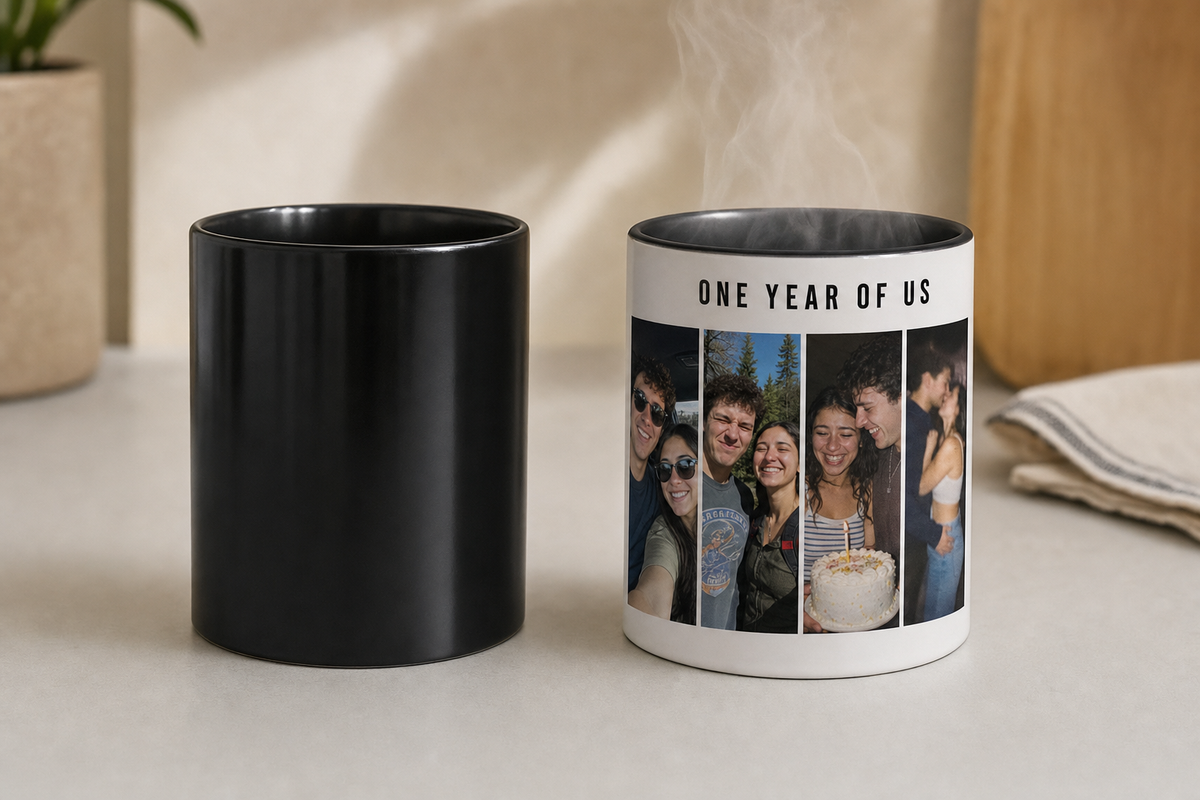 The same color changing mug shown cold and hot side by side