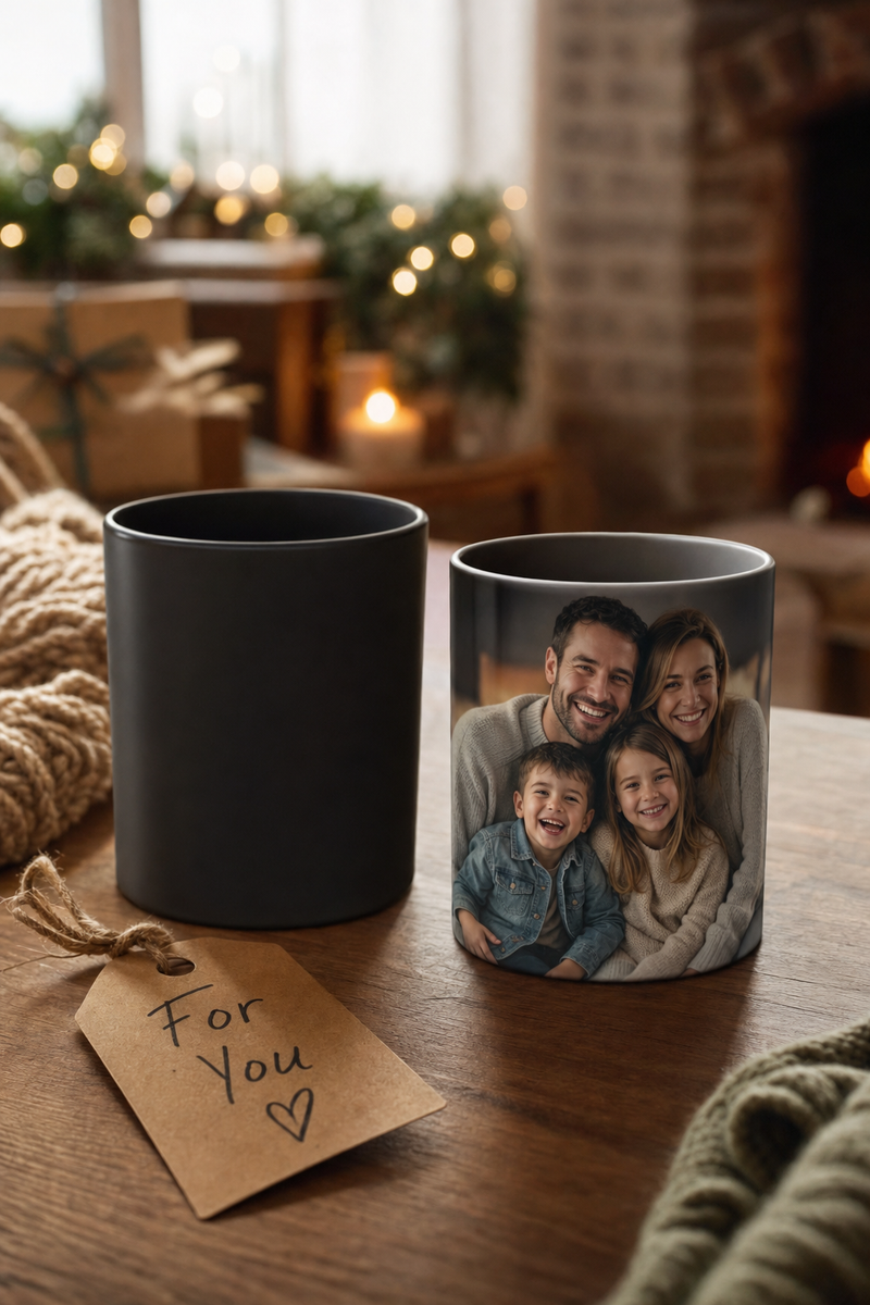 A cold black color changing mug with a gift tag beside the same mug revealed