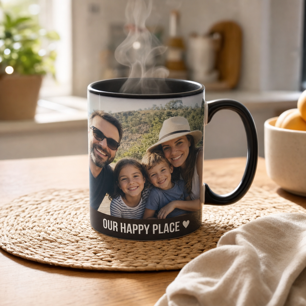 Color changing mug fully revealed with a family photo wrap, steam rising, handle visible