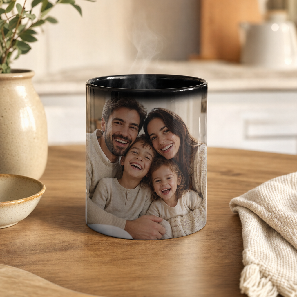 Color changing mug fully revealed with a family photo wrap and gentle steam