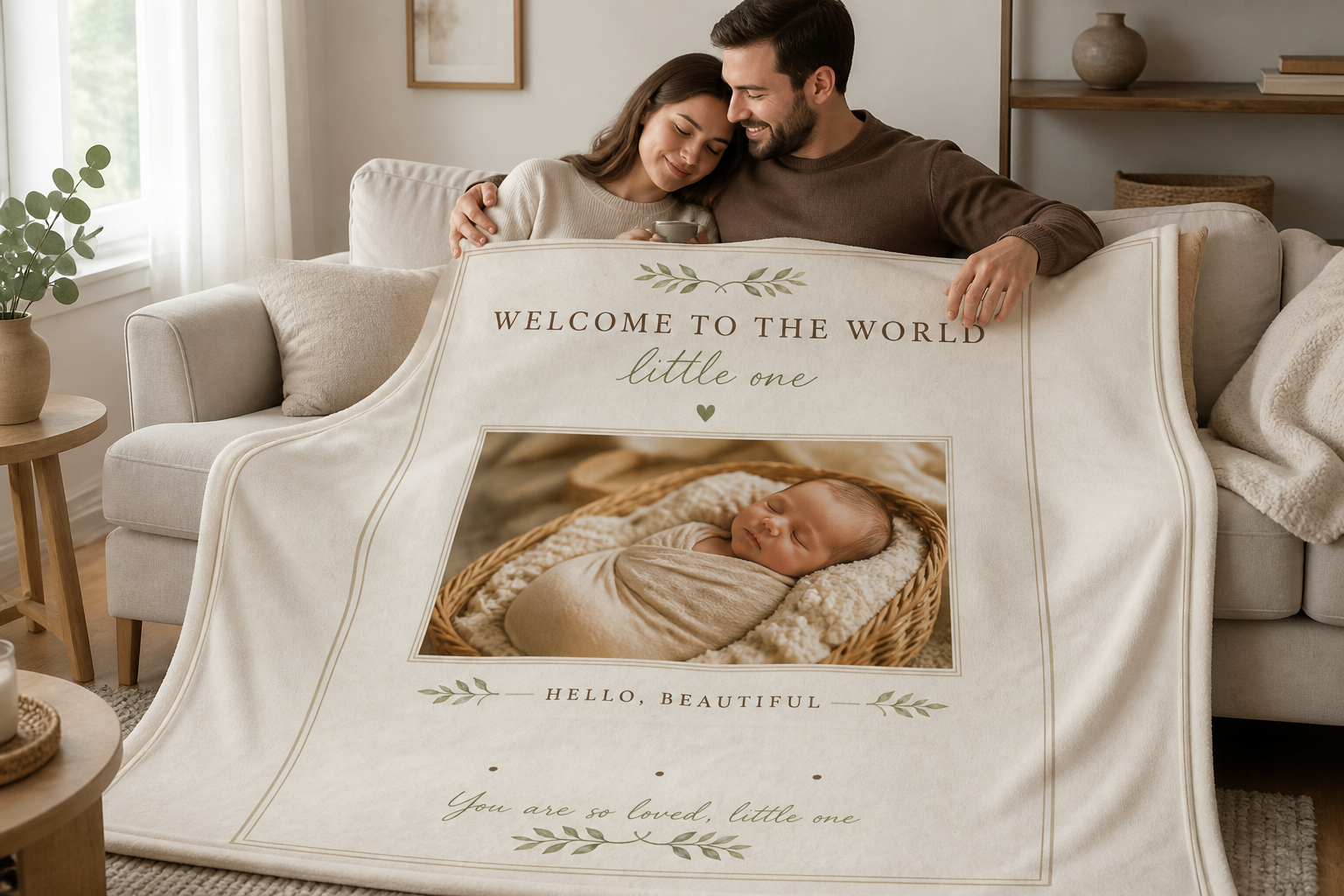 Personalized new baby blanket on the couch at home