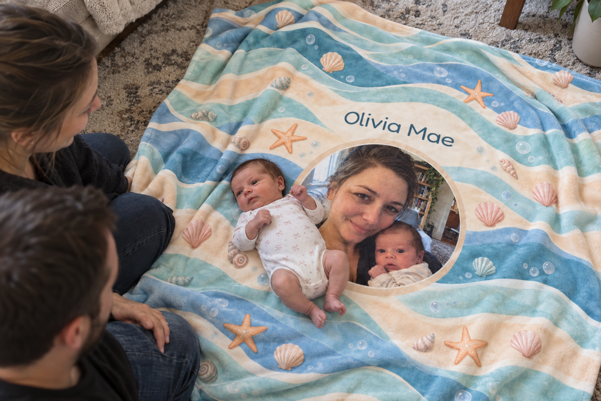 Personalized baby blanket on the couch at home