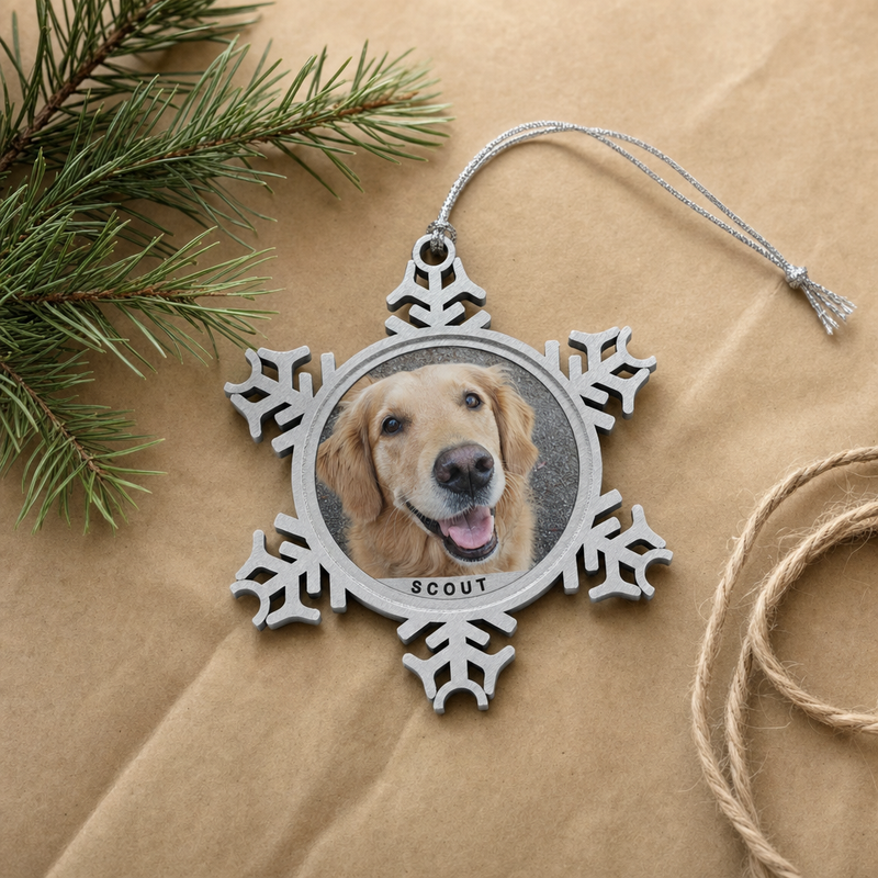 A pewter snowflake ornament with a round pet photo center resting on simple holiday wrapping paper