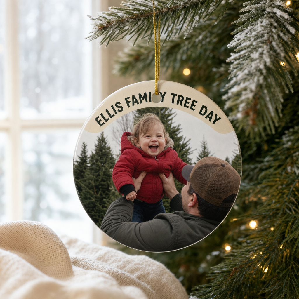 A ceramic circle ornament with a toddler tree-farm photo reading Ellis Family Tree Day hanging on a winter-lit tree