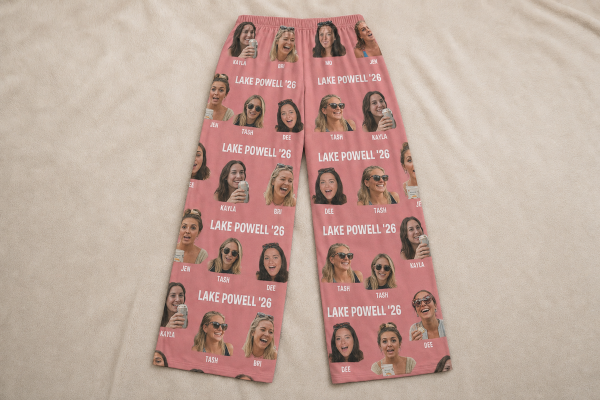 The back of custom pajama pants showing friends' face cutouts and a trip name continuing around both legs