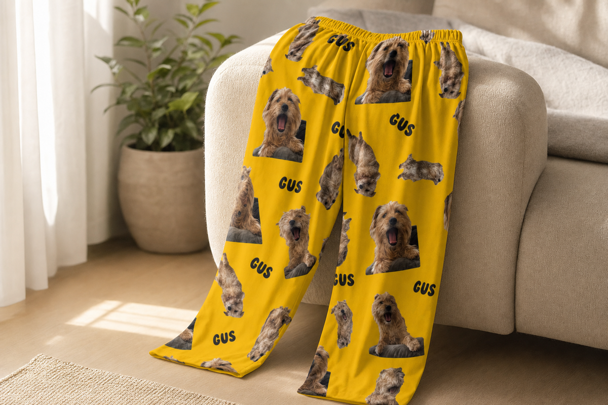 Close view of the softly draped printed pajama fabric