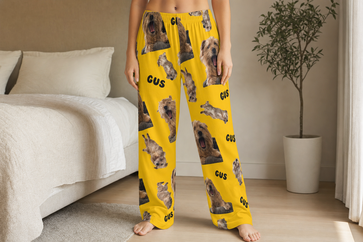 The gathered elastic waistband of the custom pajama pants, worn