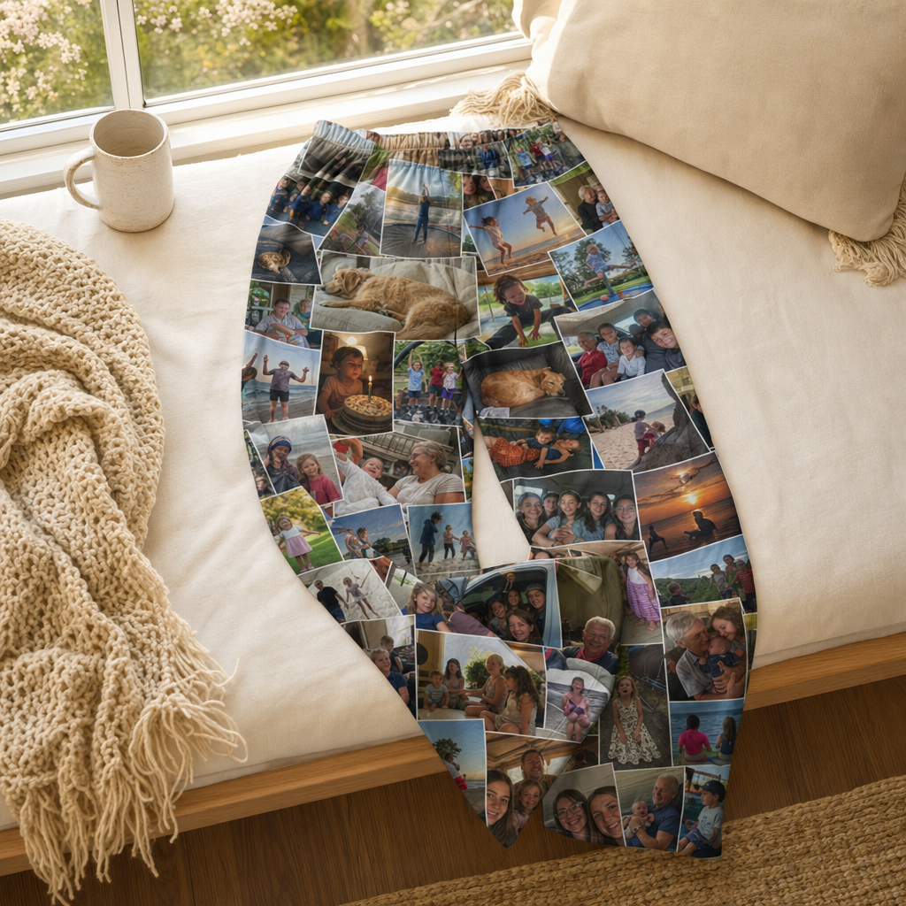 Custom photo-collage pajama pants tossed casually on a daybed in morning light