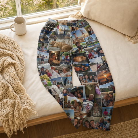 Custom pajama pants with a photo design printed across both legs