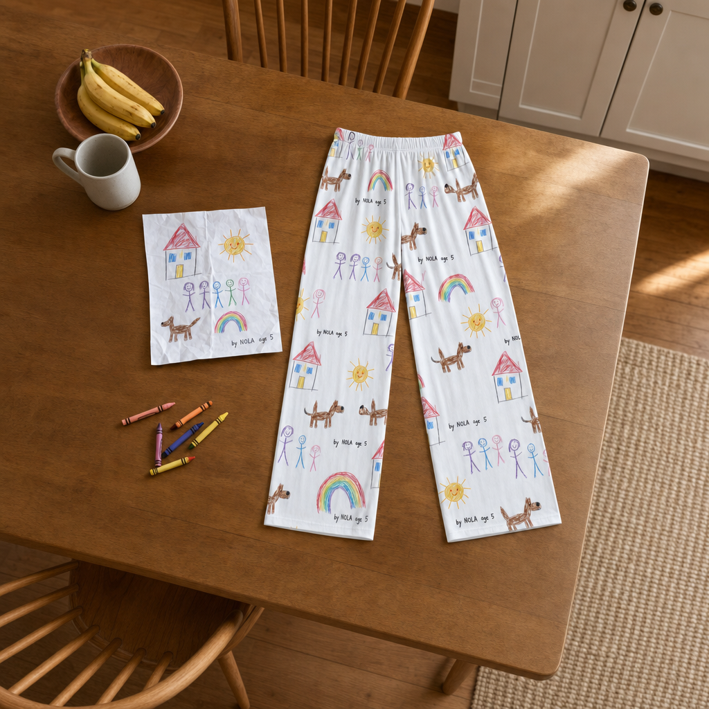 Custom pajama pants printed with a child's crayon drawing, folded beside the original drawing