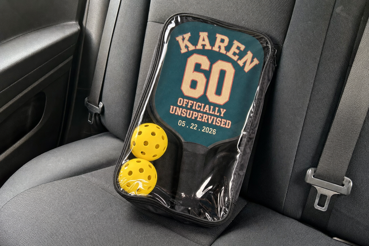 The set packed in its black carry bag with the personalized paddle visible through the clear front panel
