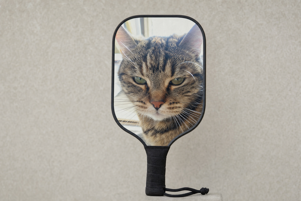 Macro of a personalized pickleball paddle face printed edge to edge with a customer's cat photo
