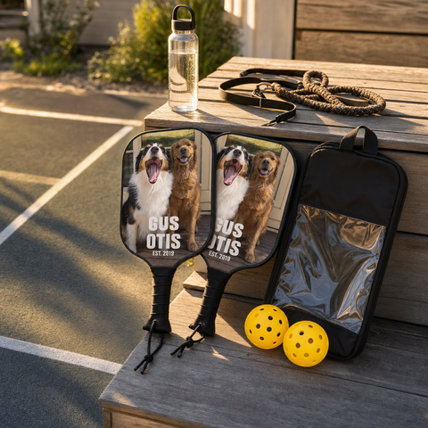 Custom pickleball set: two matching personalized paddles, two balls, and a carry bag