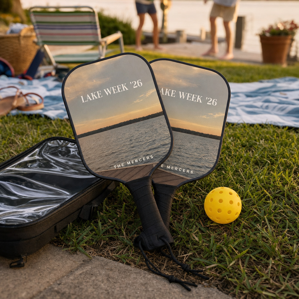Two matching pickleball paddles printed with a lake photo reading Lake Week 26 The Mercers on backyard grass