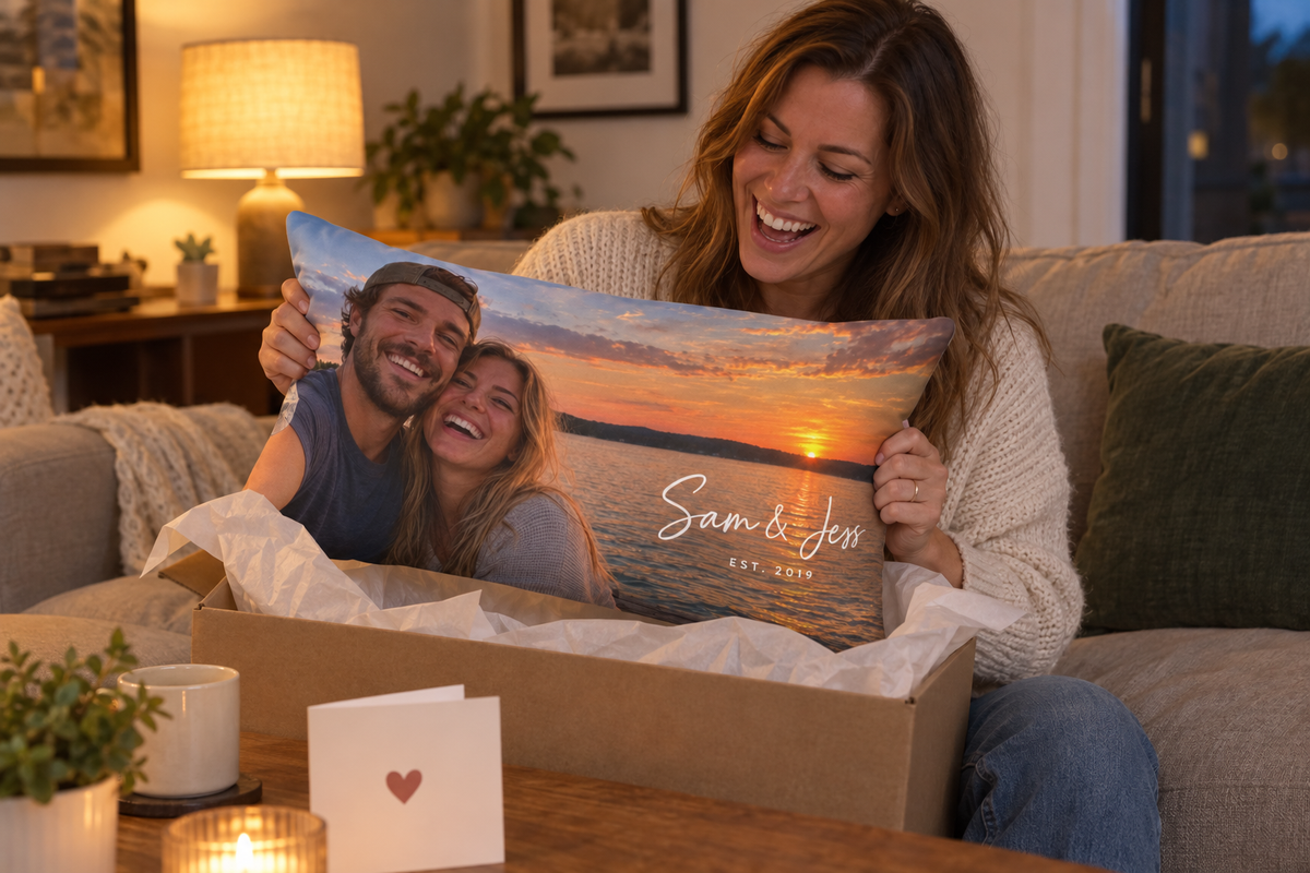 A woman lifting a lumbar pillow printed with a couple's sunset selfie out of a gift box