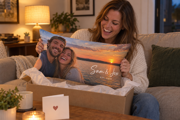 A woman lifting a lumbar pillow printed with a couple's sunset selfie out of a gift box