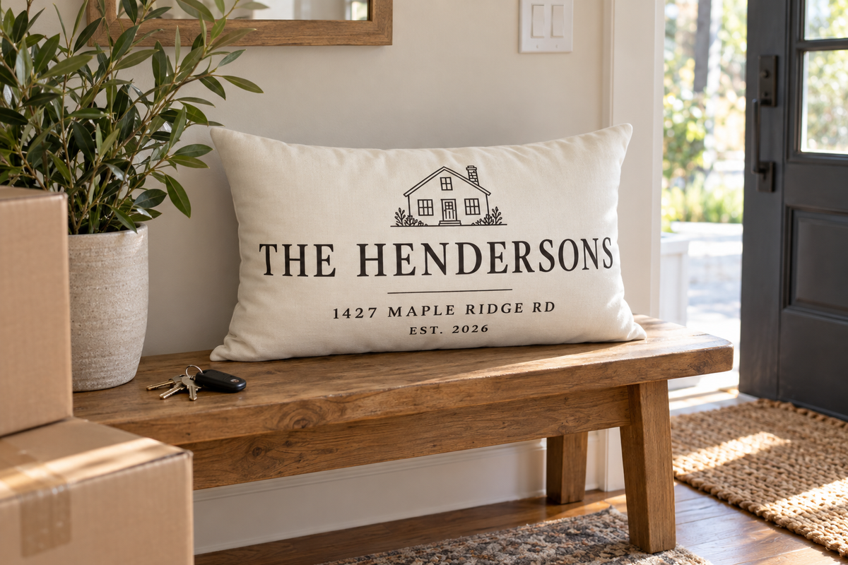 Lumbar pillow reading The Hendersons with an address and Est. 2026 on an entryway bench