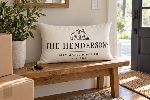 Lumbar pillow reading The Hendersons with an address and Est. 2026 on an entryway bench