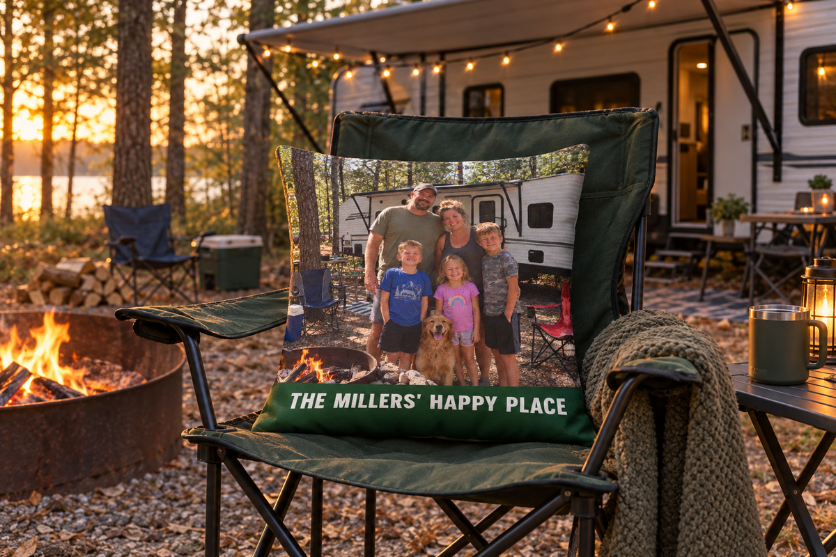 Outdoor pillow printed with a family in front of their camper reading The Millers' Happy Place on a camp chair