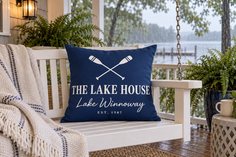 Navy outdoor pillow reading The Lake House on a white porch swing