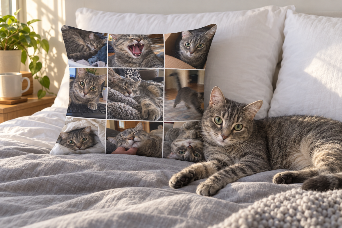 Throw pillow printed with a grid of nine cat photos on a bed, the gray tabby stretched out beside it