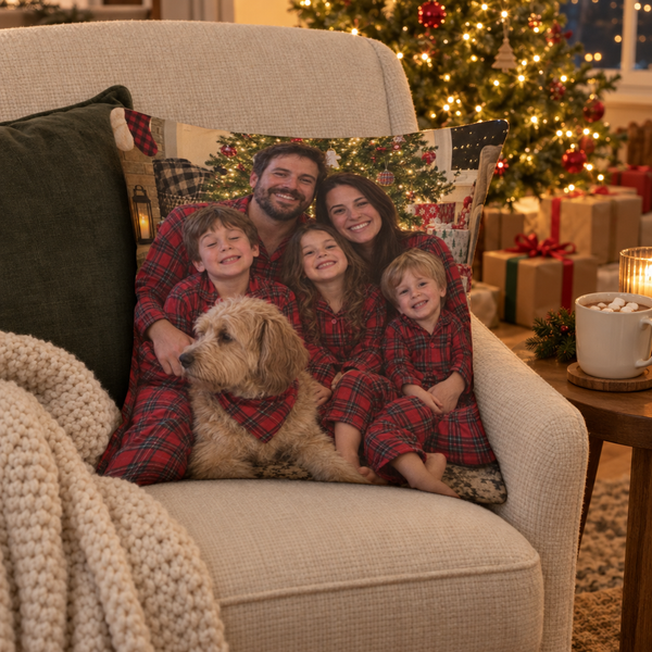Throw pillow printed with a family Christmas pajama photo on an armchair beside a lit tree